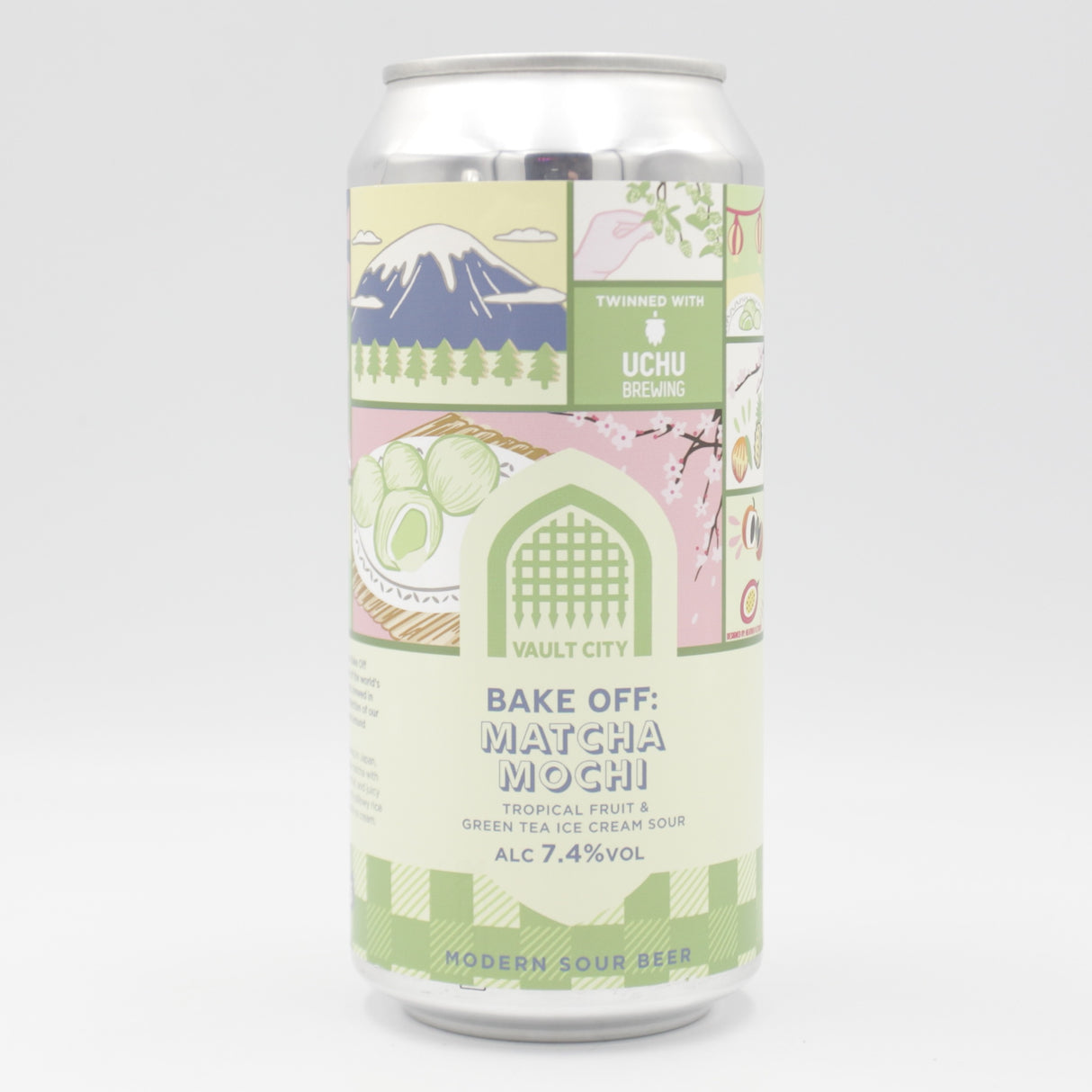 This is a can of Vault City / Uchu - Bake Off: Matcha Mochi - 7.4% (440ml). It is a Sour craft beer available to buy from Ghost Whale, voted London's best craft beer shop.