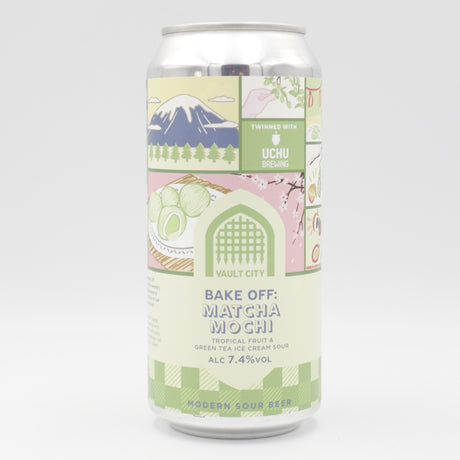 This is a can of Vault City / Uchu - Bake Off: Matcha Mochi - 7.4% (440ml). It is a Sour craft beer available to buy from Ghost Whale, voted London's best craft beer shop.