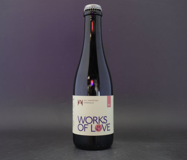 This is a bottle of Hill Farmstead / Omnipollo - Works Of Love - 6.5% (375ml). It is a Wild Ale craft beer available to buy from Ghost Whale, voted London's best craft beer shop.