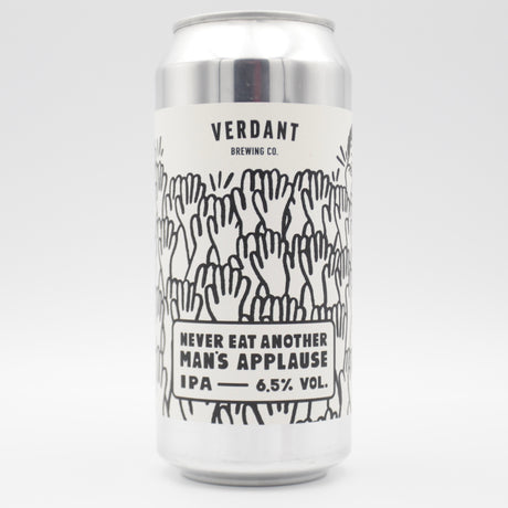 This is a can of Verdant - Never Eat Another Man's Applause - 6.5% (440ml). It is a IPA craft beer available to buy from Ghost Whale, voted London's best craft beer shop.