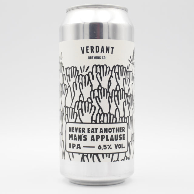 This is a can of Verdant - Never Eat Another Man's Applause - 6.5% (440ml). It is a IPA craft beer available to buy from Ghost Whale, voted London's best craft beer shop.