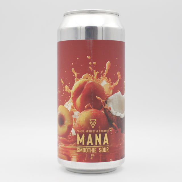 This is a can of Azvex - MANA: Peach, Apricot & Coconut - 6% (440ml). It is a Sour craft beer available to buy from Ghost Whale, voted London's best craft beer shop.