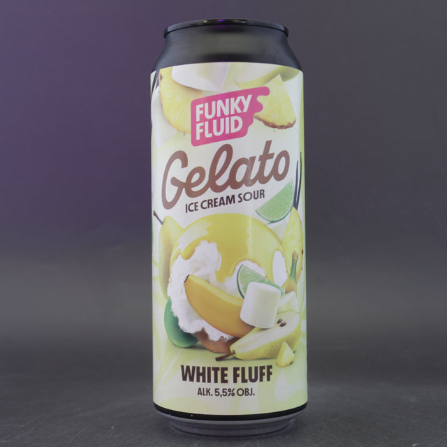 This is a can of Funky Fluid - Gelato: White Fluff - 5.5% (500ml). It is a Sour craft beer available to buy from Ghost Whale, voted London's best craft beer shop.