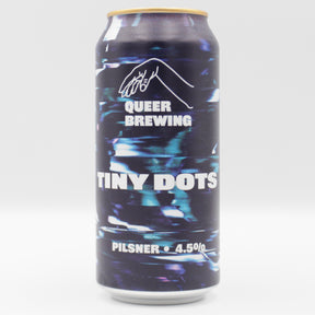 This is a can of Queer Brewing - Tiny Dots - 4.5% (440ml). It is a Lager / Pilsner / Kölsch craft beer available to buy from Ghost Whale, voted London's best craft beer shop.