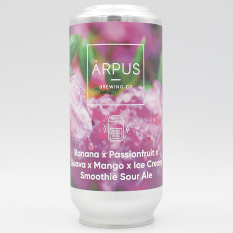This is a can of Arpus Brewing Co - Banana x Passionfruit x Guava x Mango Ice Cream Smoothie Sour Ale - 4.5% (440ml). It is a Sour craft beer available to buy from Ghost Whale, voted London's best craft beer shop.