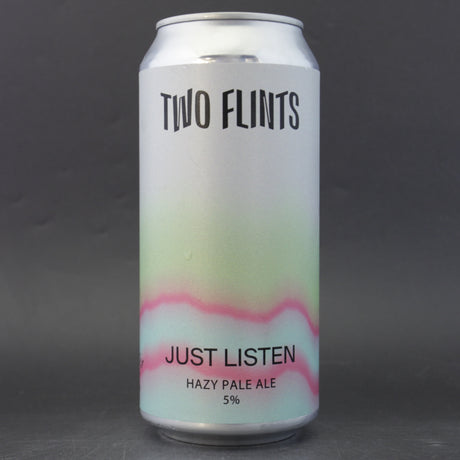 This is a can of Two Flints - Just Listen - 5% (440ml). It is a Pale Ale craft beer available to buy from Ghost Whale, voted London's best craft beer shop.