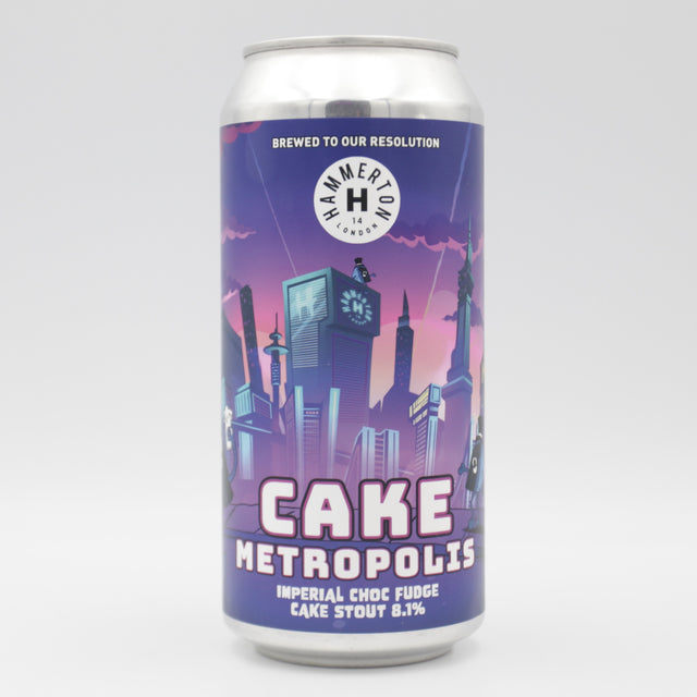 This is a can of Hammerton - Cake Metropolis - 8.1% (440ml). It is a Imperial Stout / Porter craft beer available to buy from Ghost Whale, voted London's best craft beer shop.