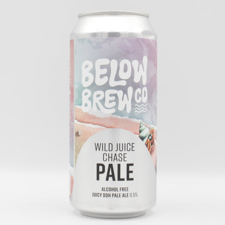 This is a can of Below Brew Co - Wild Juice Chase - 0.5% (440ml). It is a  craft beer available to buy from Ghost Whale, voted London's best craft beer shop.
