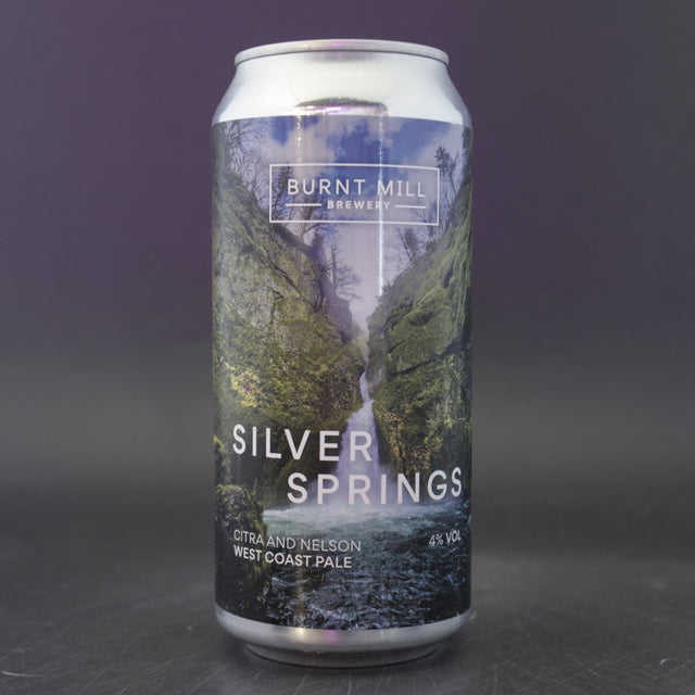 This is a can of Burnt Mill - Silver Springs - 4% (440ml). It is a Pale Ale craft beer available to buy from Ghost Whale, voted London's best craft beer shop.