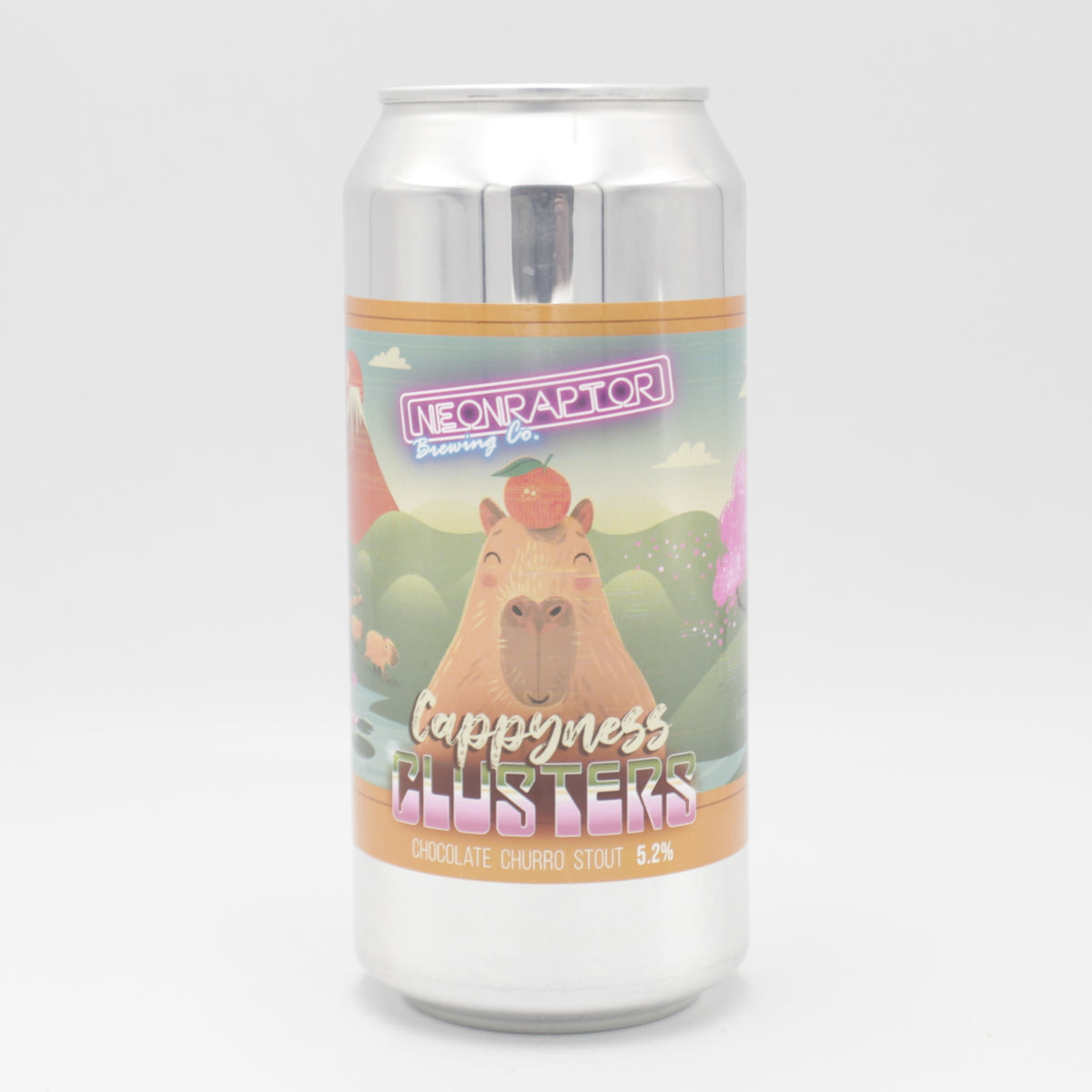 This is a can of Neon Raptor - Cappyness Clusters - 5.2% (440ml). It is a Stout / Porter craft beer available to buy from Ghost Whale, voted London's best craft beer shop.