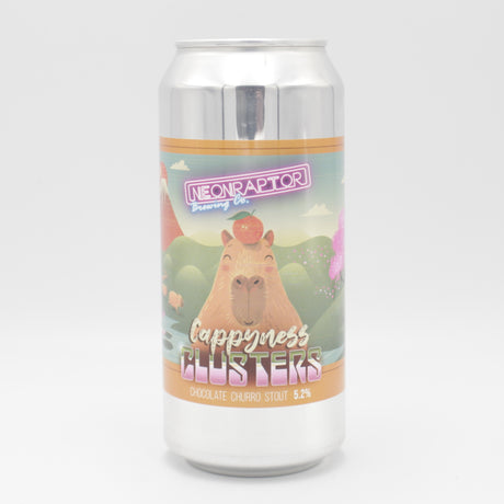 This is a can of Neon Raptor - Cappyness Clusters - 5.2% (440ml). It is a Stout / Porter craft beer available to buy from Ghost Whale, voted London's best craft beer shop.
