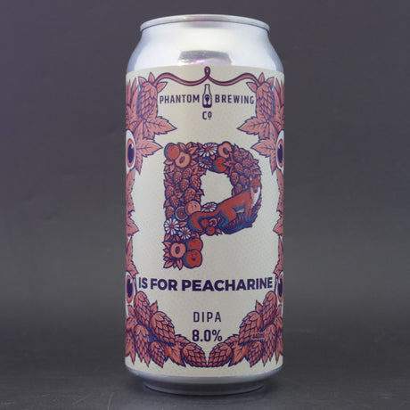 This is a can of Phantom Brewing Co - P Is For Peacharine - 8% (440ml). It is a Double IPA craft beer available to buy from Ghost Whale, voted London's best craft beer shop.