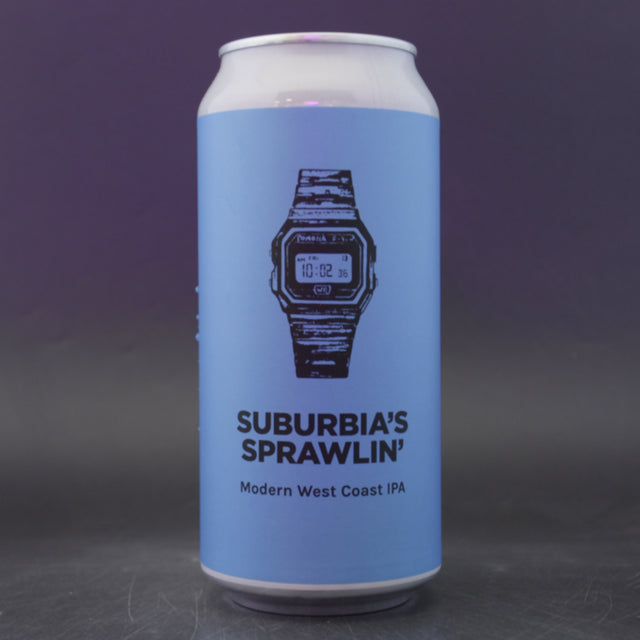 This is a can of Pomona Island - Suburbia's Sprawlin' - 7.2% (440ml). It is a IPA craft beer available to buy from Ghost Whale, voted London's best craft beer shop.