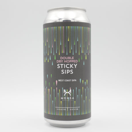 This is a can of Moksa - DDH Sticky Sips - 8.5% (473ml). It is a Double IPA craft beer available to buy from Ghost Whale, voted London's best craft beer shop.