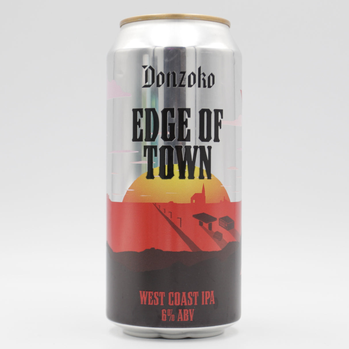 This is a can of Donzoko - Edge Of Town - 6% (440ml). It is a IPA craft beer available to buy from Ghost Whale, voted London's best craft beer shop.