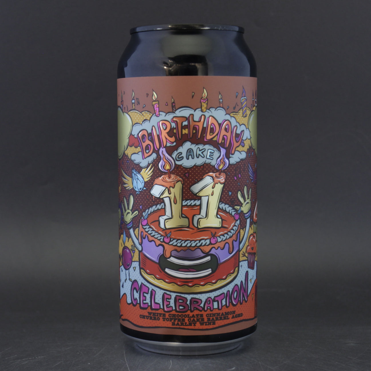 This is a can of Amundsen - 11th Birthday Cake: White Chocolate Cinnamon Churro Toffee Cake - 12% (440ml). It is a Barley Wine craft beer available to buy from Ghost Whale, voted London's best craft beer shop.