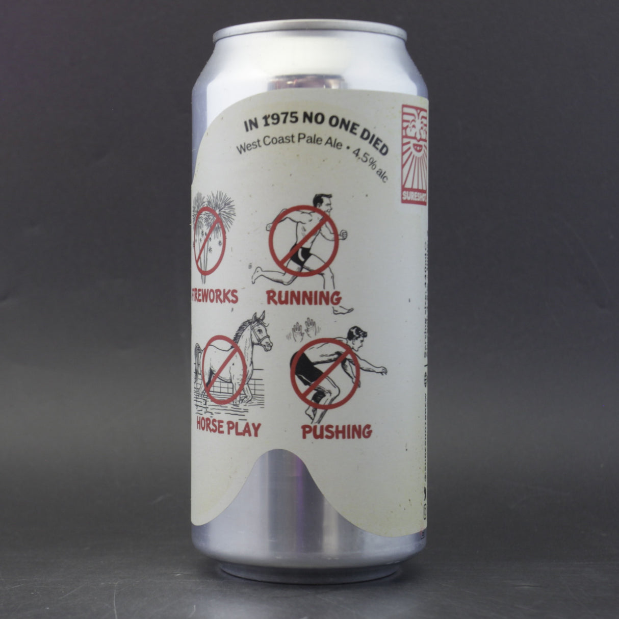 This is a can of Sureshot - In 1975 No One Died - 4.5% (440ml). It is a Pale Ale craft beer available to buy from Ghost Whale, voted London's best craft beer shop.