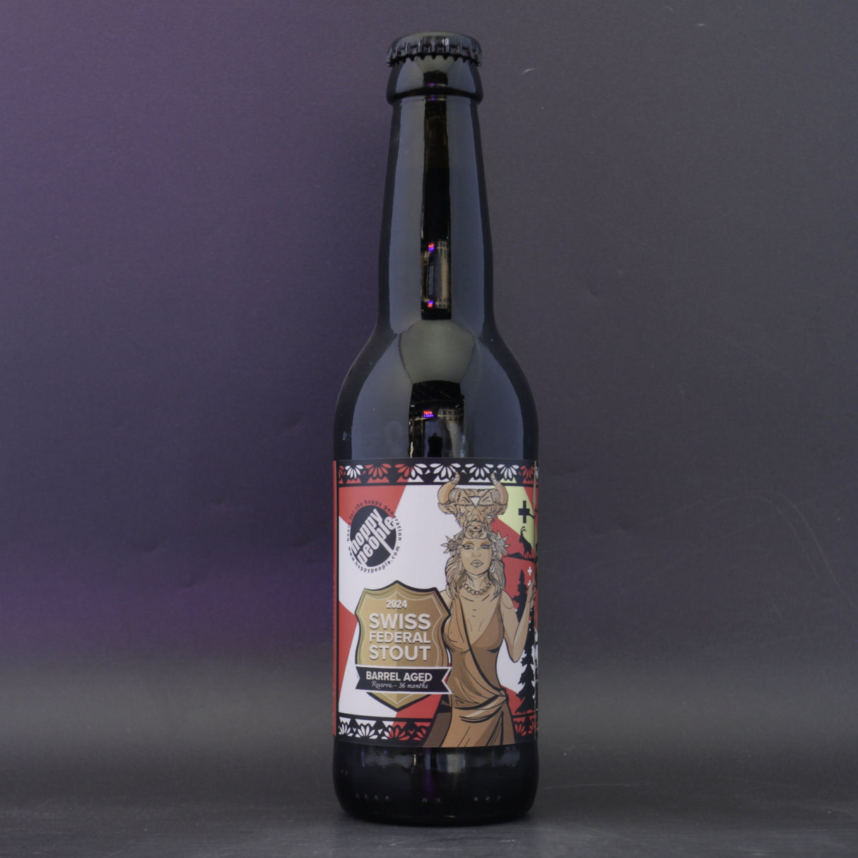 This is a bottle of Hoppy People - Barrel Aged Swiss Federal Stout Reserva 2024 - 15.4% (330ml). It is a Imperial Stout / Porter craft beer available to buy from Ghost Whale, voted London's best craft beer shop.