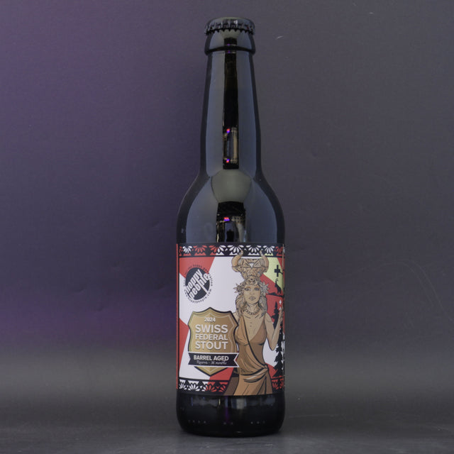 This is a bottle of Hoppy People - Barrel Aged Swiss Federal Stout Reserva 2024 - 15.4% (330ml). It is a Imperial Stout / Porter craft beer available to buy from Ghost Whale, voted London's best craft beer shop.