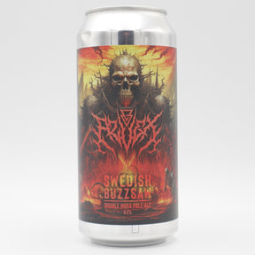 This is a can of Azvex - Swedish Buzzsaw - 8.2% (440ml). It is a Double IPA craft beer available to buy from Ghost Whale, voted London's best craft beer shop.