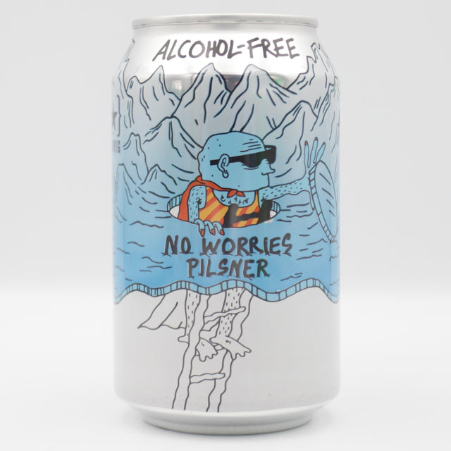 This is a can of Lervig - No Worries: Pilsner - 0.5% (330ml). It is a Lager / Pilsner / Kölsch craft beer available to buy from Ghost Whale, voted London's best craft beer shop.