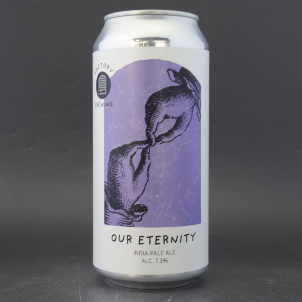 This is a can of Factory Brewing - Our Eternity - 7.3% (440ml). It is a IPA craft beer available to buy from Ghost Whale, voted London's best craft beer shop.