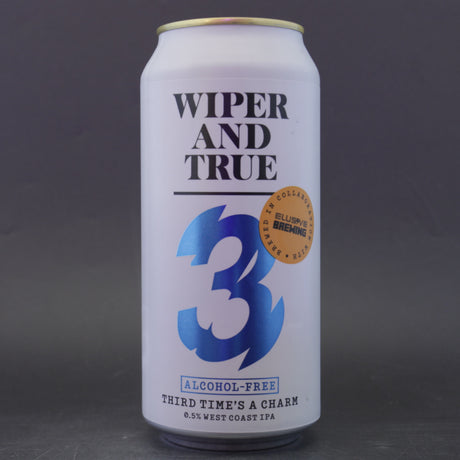 This is a can of Wiper And True / Elusive Brewing - Third Times A Charm - 0.5% (440ml). It is a IPA craft beer available to buy from Ghost Whale, voted London's best craft beer shop.