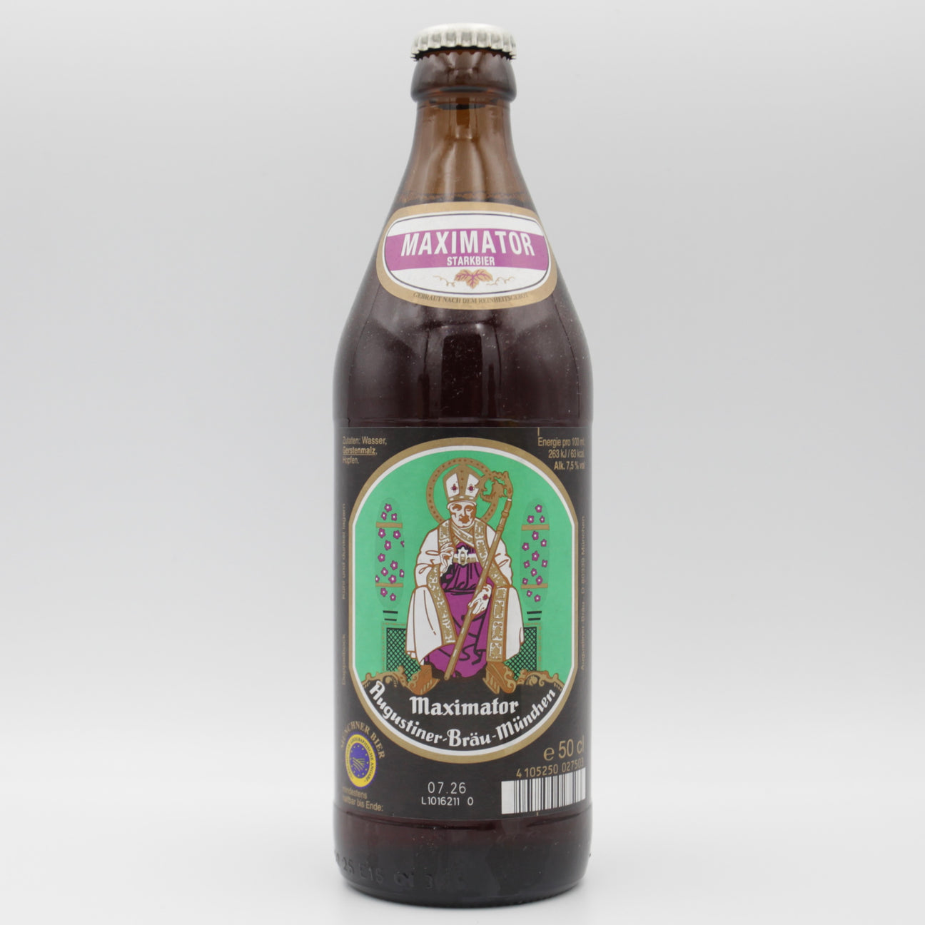 This is a bottle of Augustiner - Maximator - 7.5% (500ml). It is a Lager / Pilsner / Kölsch craft beer available to buy from Ghost Whale, voted London's best craft beer shop.