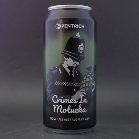 This is a can of Pentrich - Crimes In Motueka - 6.2% (440ml). It is a IPA craft beer available to buy from Ghost Whale, voted London's best craft beer shop.