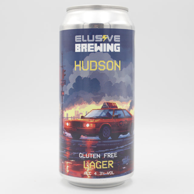 This is a can of Elusive Brewing - Hudson - 4.3% (440ml). It is a Lager / Pilsner / Kölsch craft beer available to buy from Ghost Whale, voted London's best craft beer shop.