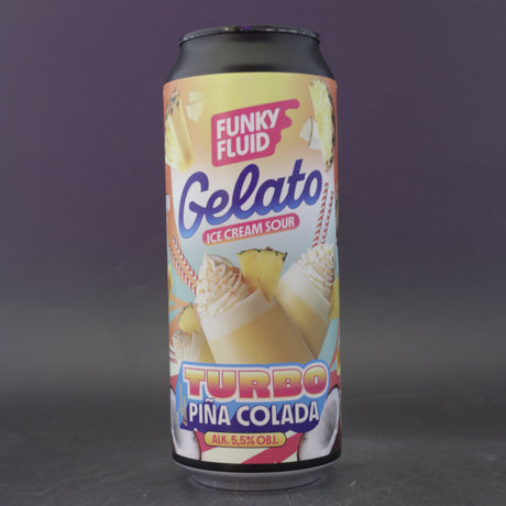 This is a can of Funky Fluid - Gelato: Turbo Pina Colada - 5.5% (500ml). It is a Sour craft beer available to buy from Ghost Whale, voted London's best craft beer shop.