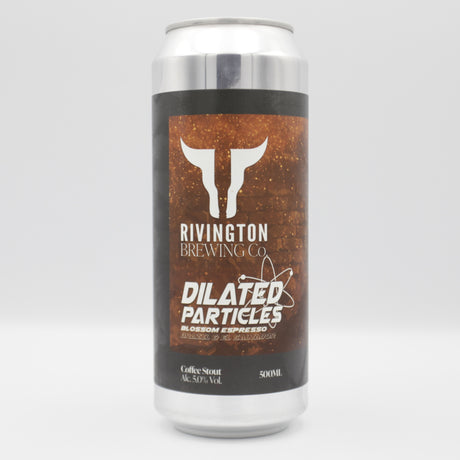 This is a can of Rivington - Dilated Particles: Blossom Espresso - 5% (500ml). It is a Stout / Porter craft beer available to buy from Ghost Whale, voted London's best craft beer shop.