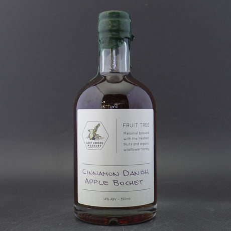 This is a bottle of Lost Verses Meadery - Cinnamon Danish Apple Bochet - 14% (350ml). It is a  craft mead available to buy from Ghost Whale, voted London's best craft beer shop.