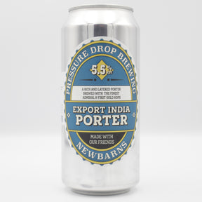 This is a can of Pressure Drop / Newbarns - Export India Porter - 5.5% (440ml). It is a Stout / Porter craft beer available to buy from Ghost Whale, voted London's best craft beer shop.