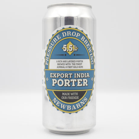 This is a can of Pressure Drop / Newbarns - Export India Porter - 5.5% (440ml). It is a Stout / Porter craft beer available to buy from Ghost Whale, voted London's best craft beer shop.