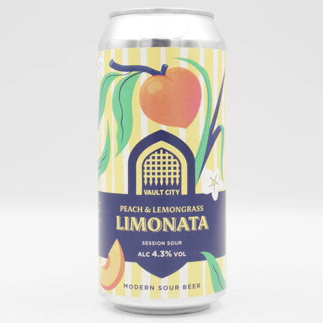 This is a can of Vault City - Peach & Lemongrass Limonata - 4.3% (440ml). It is a Sour craft beer available to buy from Ghost Whale, voted London's best craft beer shop.