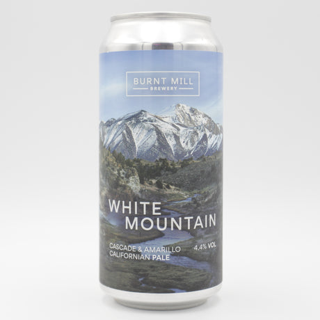This is a can of Burnt Mill - White Mountain - 4.4% (440ml). It is a Pale Ale craft beer available to buy from Ghost Whale, voted London's best craft beer shop.