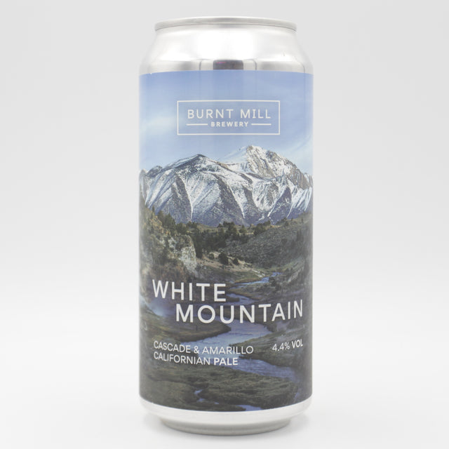 This is a can of Burnt Mill - White Mountain - 4.4% (440ml). It is a Pale Ale craft beer available to buy from Ghost Whale, voted London's best craft beer shop.