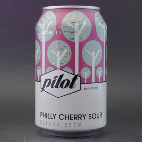 This is a can of Pilot - Philly Cherry Sour - 5% (330ml). It is a Sour craft beer available to buy from Ghost Whale, voted London's best craft beer shop.