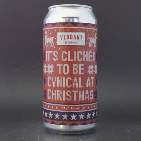 This is a can of Verdant - It's Clichéd To Be Cynical At Christmas - 6.5% (440ml). It is a IPA craft beer available to buy from Ghost Whale, voted London's best craft beer shop.