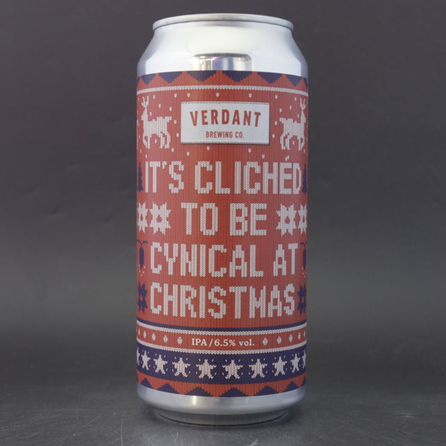 This is a can of Verdant - It's Clichéd To Be Cynical At Christmas - 6.5% (440ml). It is a IPA craft beer available to buy from Ghost Whale, voted London's best craft beer shop.