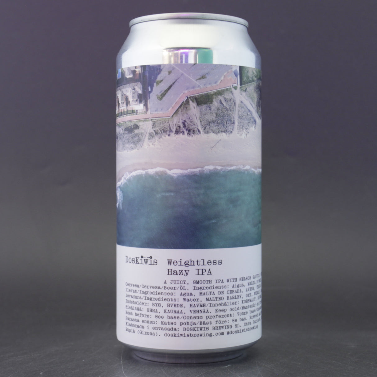 This is a can of Doskiwis - Weightless - 6.4% (440ml). It is a IPA craft beer available to buy from Ghost Whale, voted London's best craft beer shop.