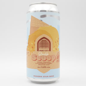 This is a can of Vault City - Double Scoop: Mango, Pineapple, Passionfruit Vegan Sorbet - 5.8% (440ml). It is a Sour craft beer available to buy from Ghost Whale, voted London's best craft beer shop.