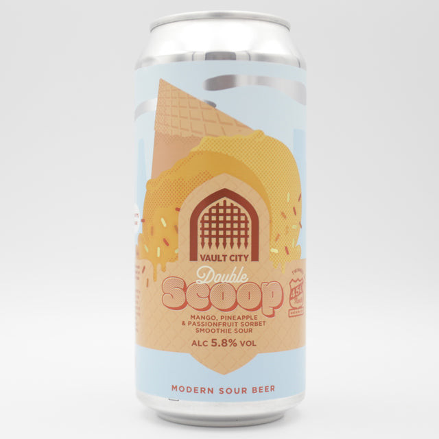This is a can of Vault City - Double Scoop: Mango, Pineapple, Passionfruit Vegan Sorbet - 5.8% (440ml). It is a Sour craft beer available to buy from Ghost Whale, voted London's best craft beer shop.
