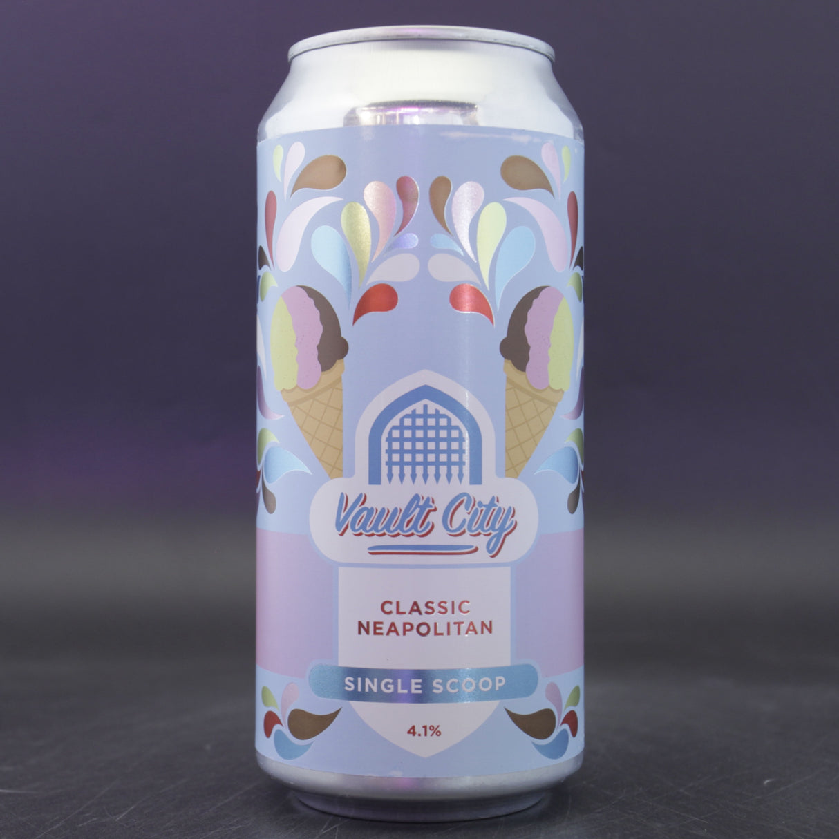 This is a can of Vault City - Neopolitan Single Scoop - 4.1% (440ml). It is a Sour craft beer available to buy from Ghost Whale, voted London's best craft beer shop.