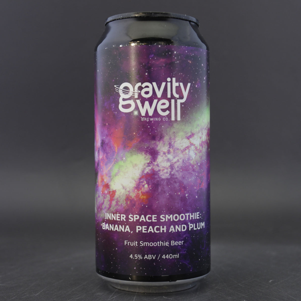 This is a can of Gravity Well - Inner Space: Peach, Banana, Plum - 4.5% (440ml). It is a Sour craft beer available to buy from Ghost Whale, voted London's best craft beer shop.