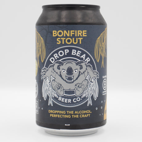 This is a can of Drop Bear - Bonfire Stout - 0.5% (330ml). It is a Stout / Porter craft beer available to buy from Ghost Whale, voted London's best craft beer shop.