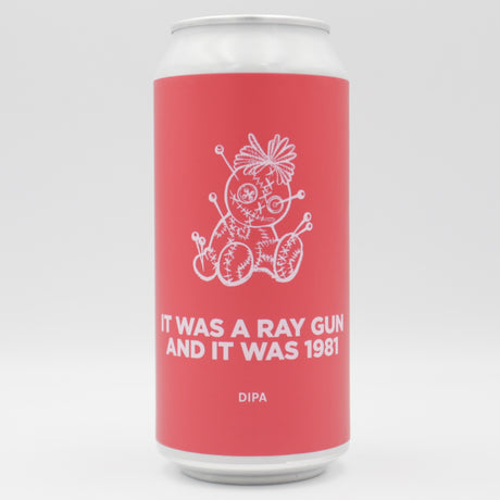 This is a can of Pomona Island - It Was A Ray Gun And It Was 1981 - 8.1% (440ml). It is a Double IPA craft beer available to buy from Ghost Whale, voted London's best craft beer shop.