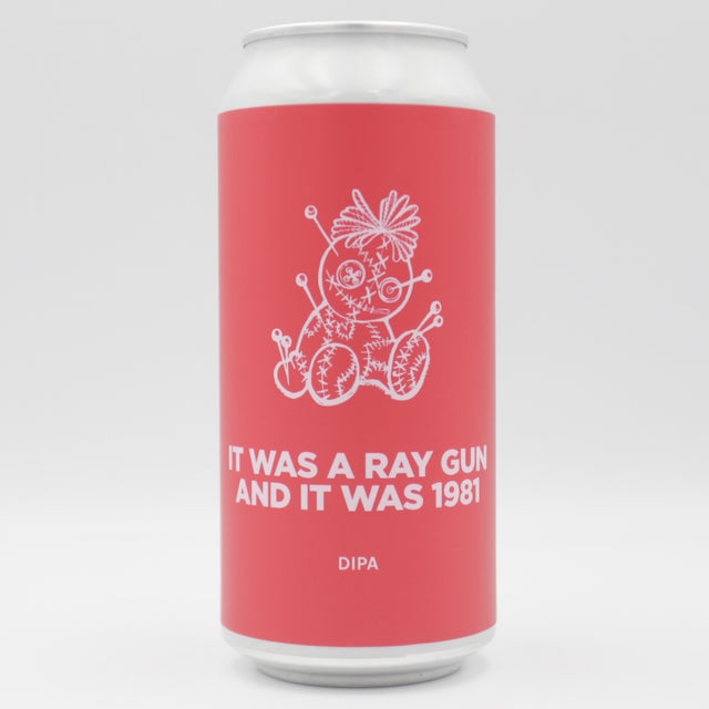 This is a can of Pomona Island - It Was A Ray Gun And It Was 1981 - 8.1% (440ml). It is a Double IPA craft beer available to buy from Ghost Whale, voted London's best craft beer shop.
