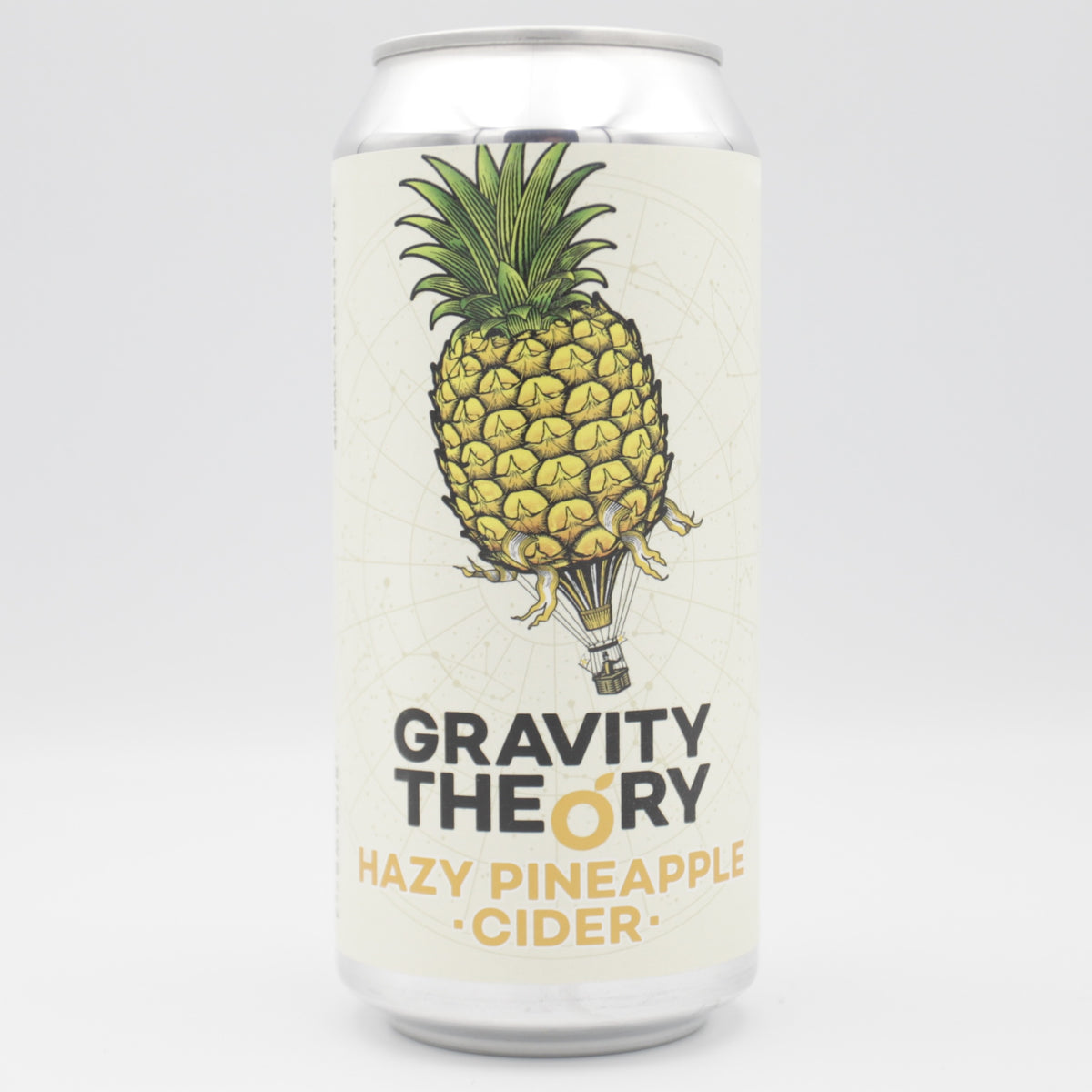 This is a can of Gravity Theory - Hazy Pineapple - 3.4% (440ml). It is a  craft cider available to buy from Ghost Whale, voted London's best craft beer shop.